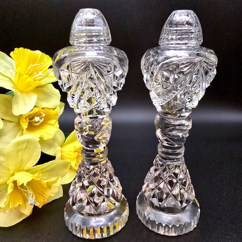 Vintage Bohemia Crystal Salt and Pepper Shakers Set Hand Cut Clear Glass 6.5"